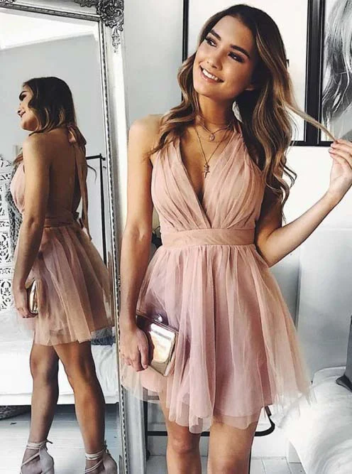 Simple Blush Homecoming Dress A-Line Backless Semi Formal Party Dress OM452 Tunics Stylish modern