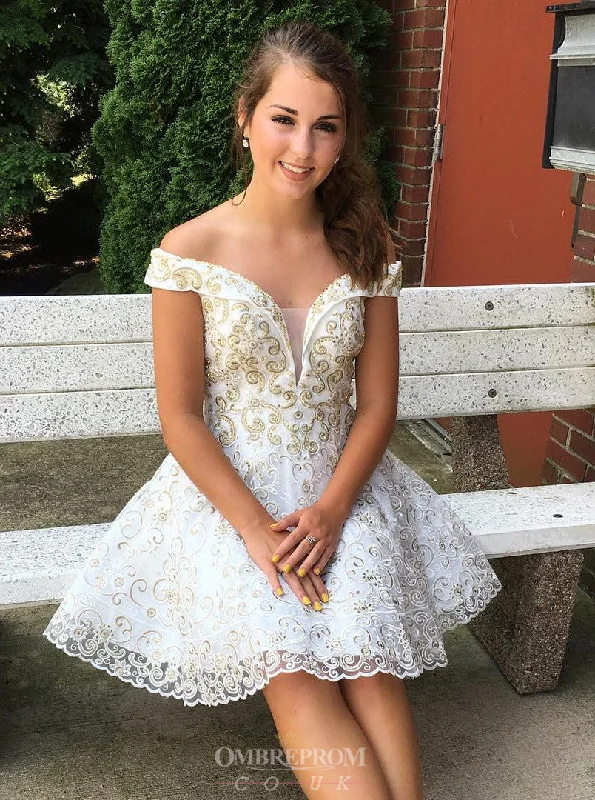 Cute A-line Off-Shoulder Appliques Short Prom Party Dress OM201 Crew Neckline Casual