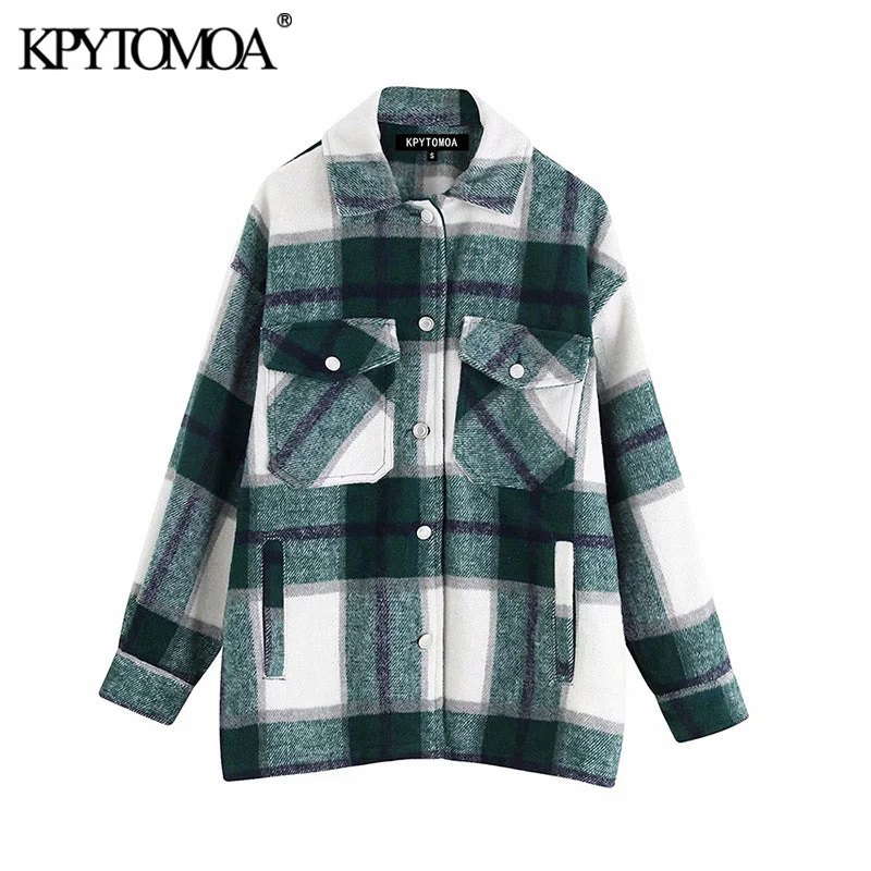 Vintage Stylish Pockets Oversized Plaid Jacket Coat Women 2020 Fashion Lapel Collar Long Sleeve Loose Outerwear Chic Tops Cotton Fabric Linen Fabric Terry Fabric