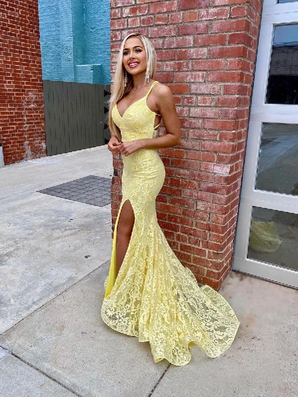 Chic Two Pieces Double Spaghetti Straps Lace Long Prom Dress Daffodils Elegant Party Dress #JKSS46 Tunics Solid Classic