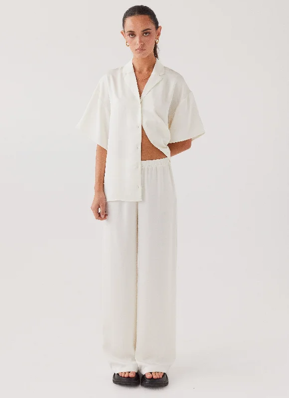 Palm Cove Satin Pants - Pearl Dove Relaxed Linen Pants