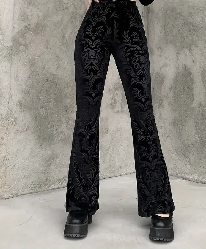 Goth Black Floral Jacquard Flare Leg Pants Trendy Printed Leggings