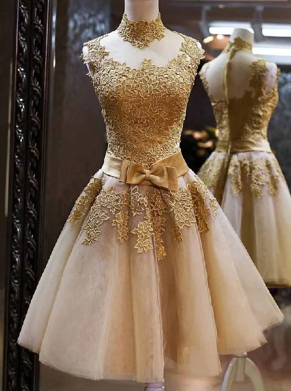 Tulle High Neckline Gold Lace Appliques Knee Length Prom Party Dress OM224 Tunics Solid Classic