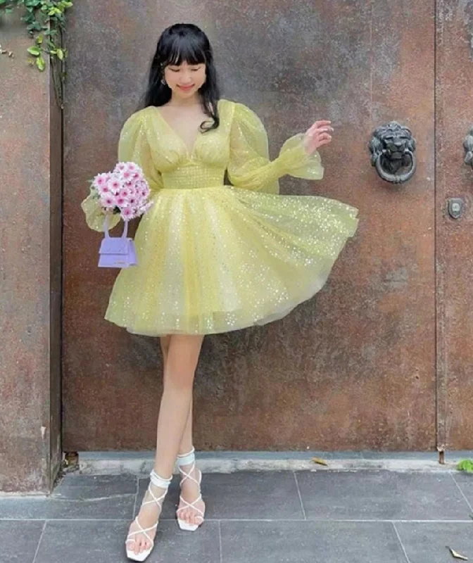 Yellow Glitter Tulle V-neck Homecoming Dresses Puff Sleeves Above Knee Cocktail Dresses Vestidos De Novia Party Dress Tunics Custom made