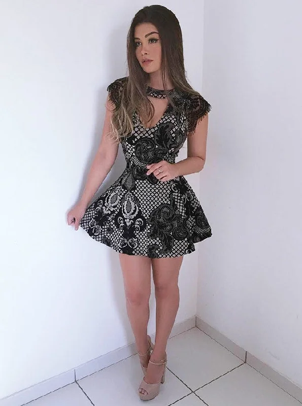 Jewel Cutout Lace Short Mini Dress Cap Sleeve Black Appliques Party Dress OM279 Tunics Formal black