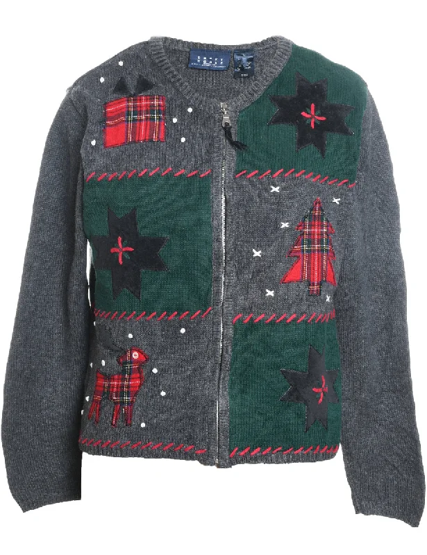 Nordic Knit Christmas Cardigan - L Houndstooth Herringbone Solid