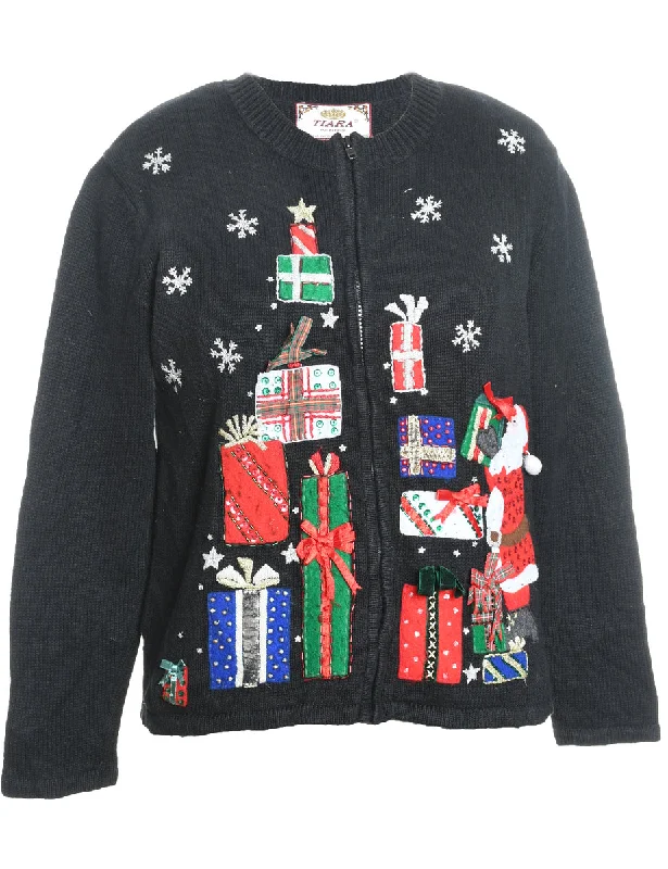 Santa Claus Design Black Embroidered Christmas Cardigan - S Nylon Fabric Polyester Fabric Spandex Fabric