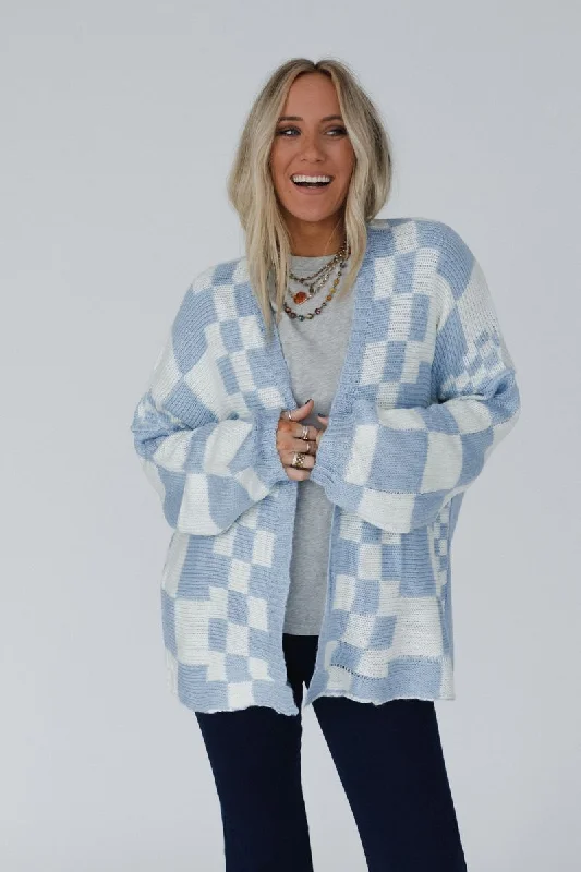 Archer Checkered Cardigan - Blue Velvet Chenille Corduroy