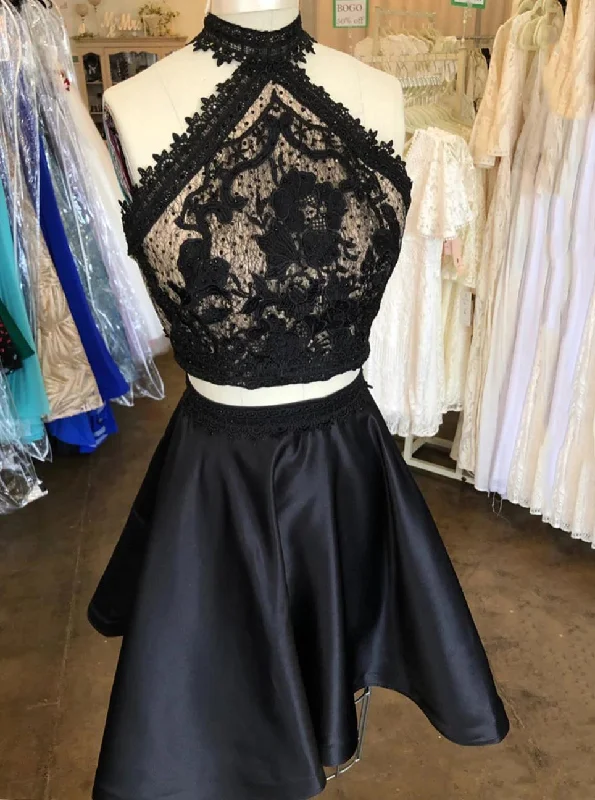 Two Piece Little Black Dress Lace Top Cut Out Satin Party Dress OM493 Mermaid Tail Wedding