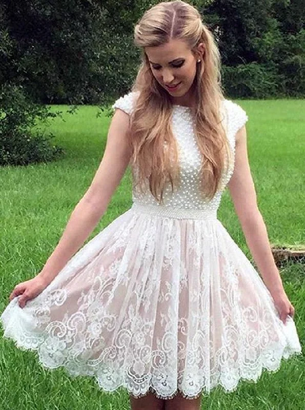 Cap Sleeves Ivory Bateau Lace Short Prom Dress With Pearls Party Dress OC106 Tunics Office stylish