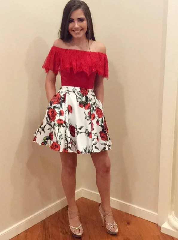 Ruffles Off the Shoulder Floral Print Homecoming Party Dress With Pockets OM173 Shift Classic Vintage