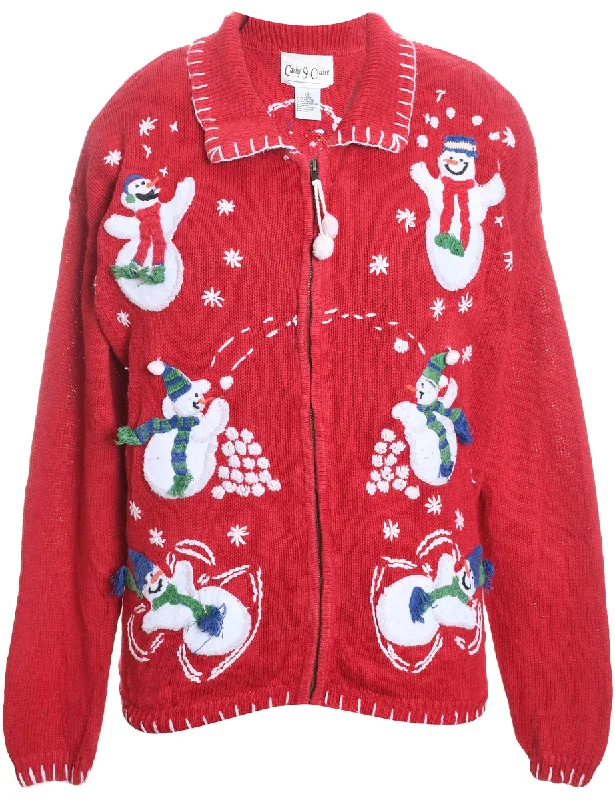 Snowman Design Red & White Zip-Front Christmas Cardigan - M Real Fur Shearling Chenille