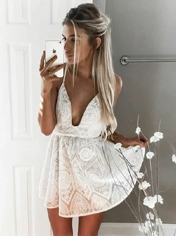Spaghetti Straps Deep V-neck Party Dress Lace Pleat Homecoming Dress OM251 Tunics Corduroy durable