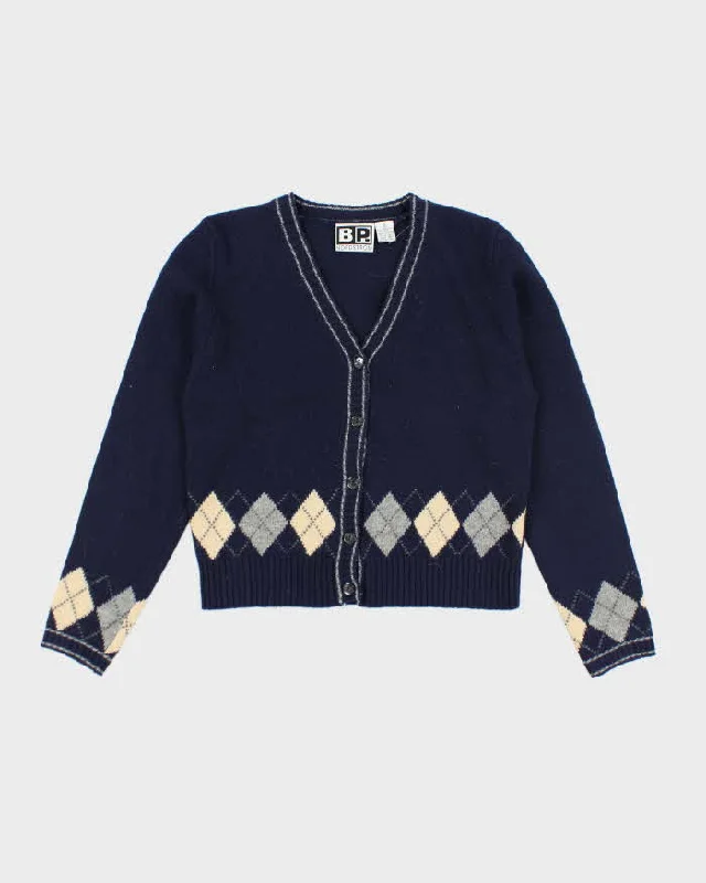 Vintage 90s Nordstrom Blue Wool Cardigan - M Elasticated Padded Insulated