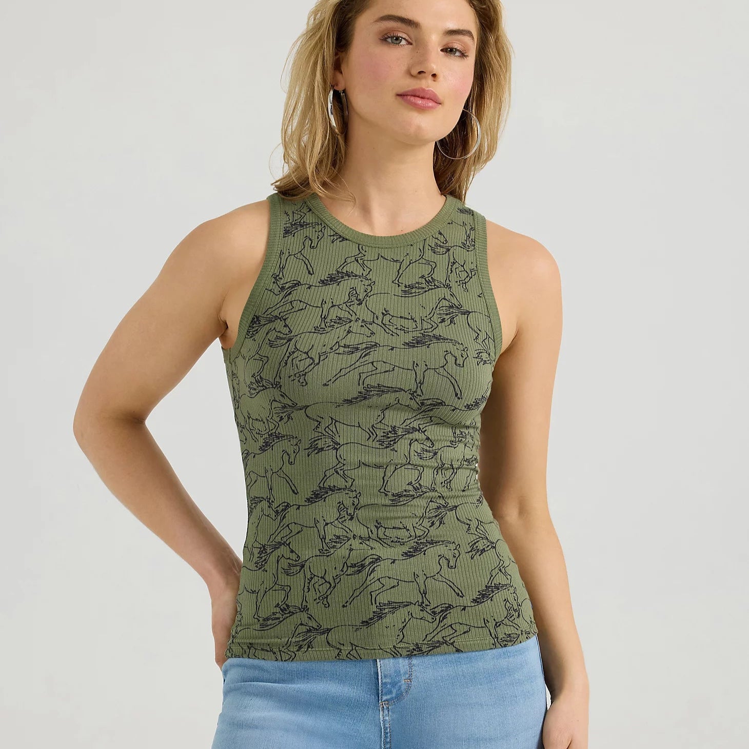 Wrangler Retro Women's Horse Print Slim Goddess Tank in Olive Green gold tank top