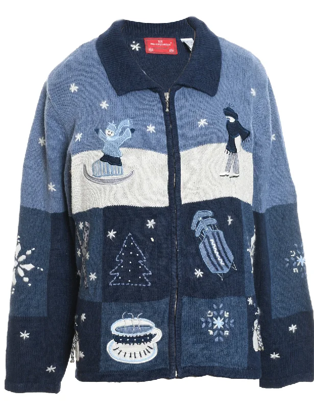 Snowman Christmas Cardigan - L Handmade Hand-knitted Hand-woven