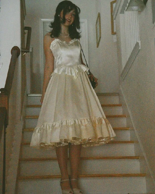Ivory Straps A-Line Satin Midi Length Party Dress Homecoming Dress MD7468 Tunics Practical easy-care