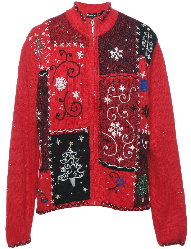 Festive Print Christmas Cardigan - M Boat Neck Shawl Collar Notched Collar