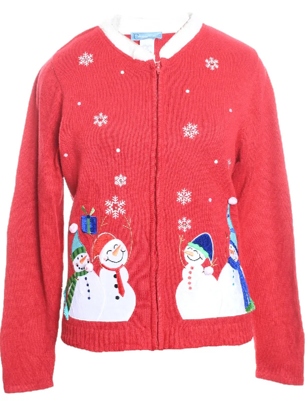 Snowman Design Red Zip-Front Embroidered Christmas Cardigan - M Satin Fabric Silk Fabric Chiffon Fabric