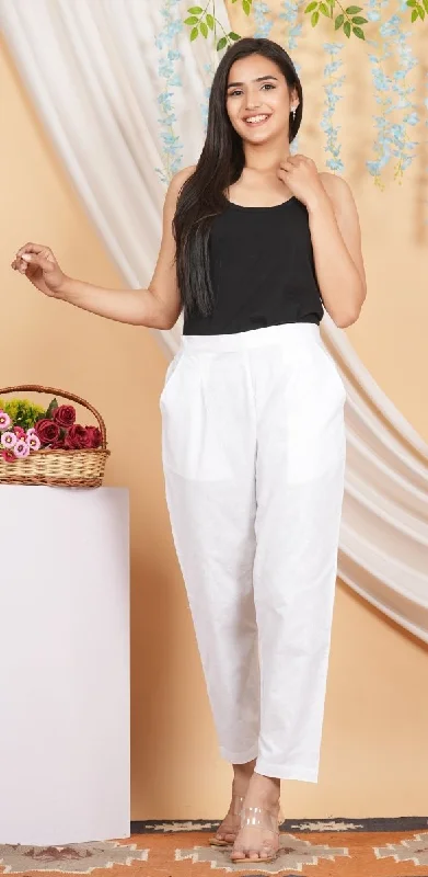 Women’s Linen Cotton Palazzo Pants| White Soft Stretch Trousers