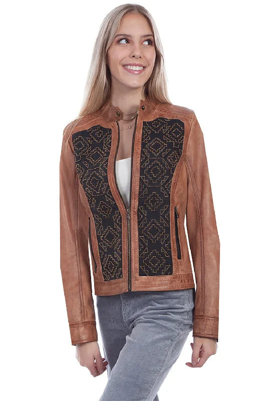 Scully Womens Cognac Lamb Leather Beaded Panel Jacket Denim Jacket Leather Jacket Suede Jacket