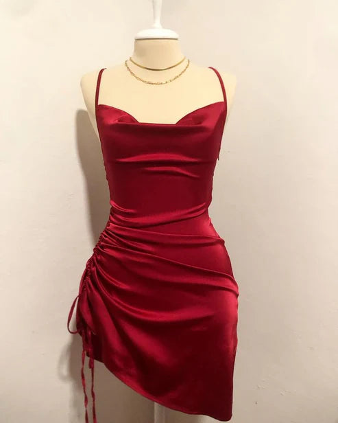 Wine Red Straps Sheath Satin Short Party Dress Homecoming Dress, MD7872 Tunics Practical durable