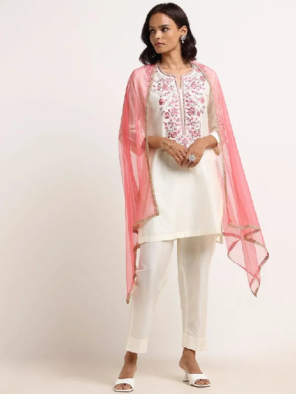 Vark Off-White Embroidered Kurta, Pants & Dupatta Set Trendy Printed Leggings
