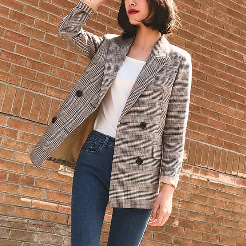 Vintage Double Breasted Plaid Women Blazer Pockets Jackets Female Retro Suits Coat Feminino blazers Outerwear high quality Notch Collar Peter Pan Collar Cowl Neck