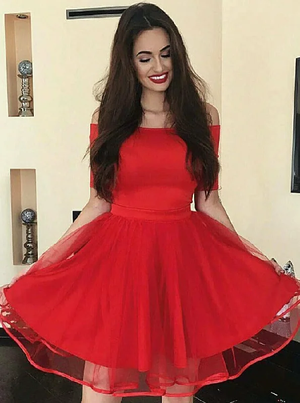 Elegant Off-the-Shoulder Short Tulle Red Homecoming Party Dress OP196 Tunics Timeless classic
