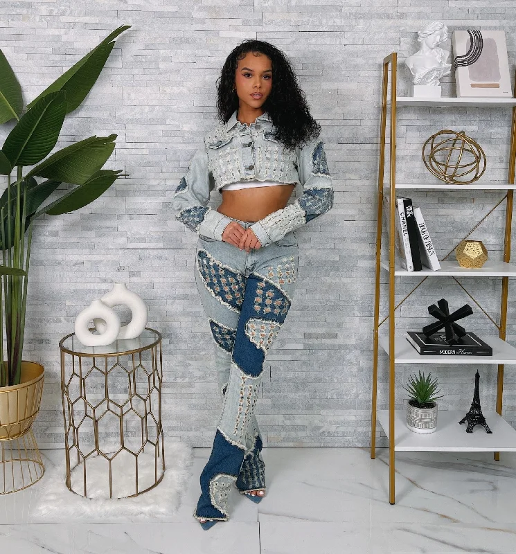 SD5502SETP- DENIM DISTRESSED JACKET & STACKED JEANS SET Plaid Jacket Tartan Jacket Houndstooth Jacket