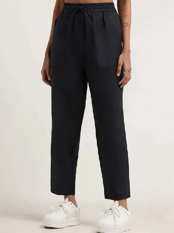 Bombay Paisley Black Blended Linen Pants Casual Wide Pants