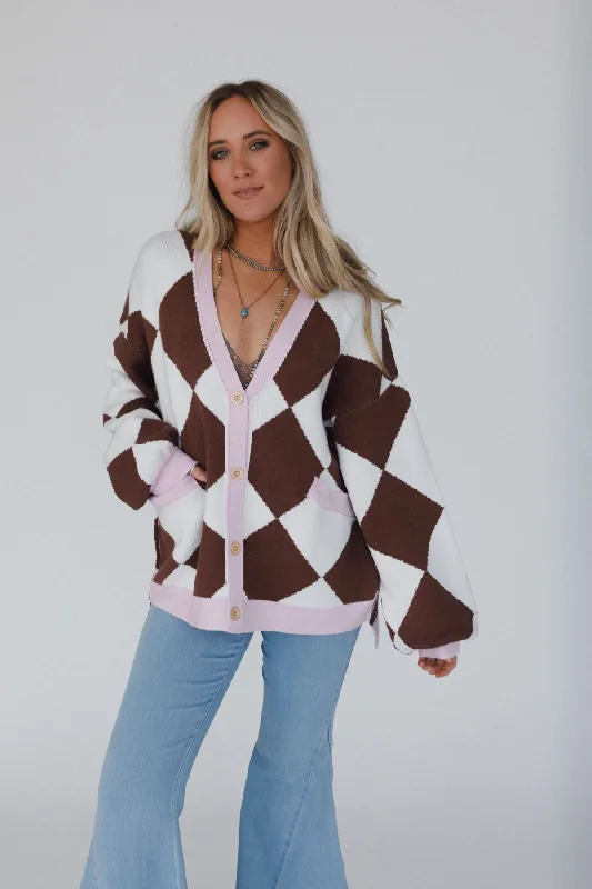 Ayla Argyle Cardigan - Brown Polka Dot Checkered Tartan