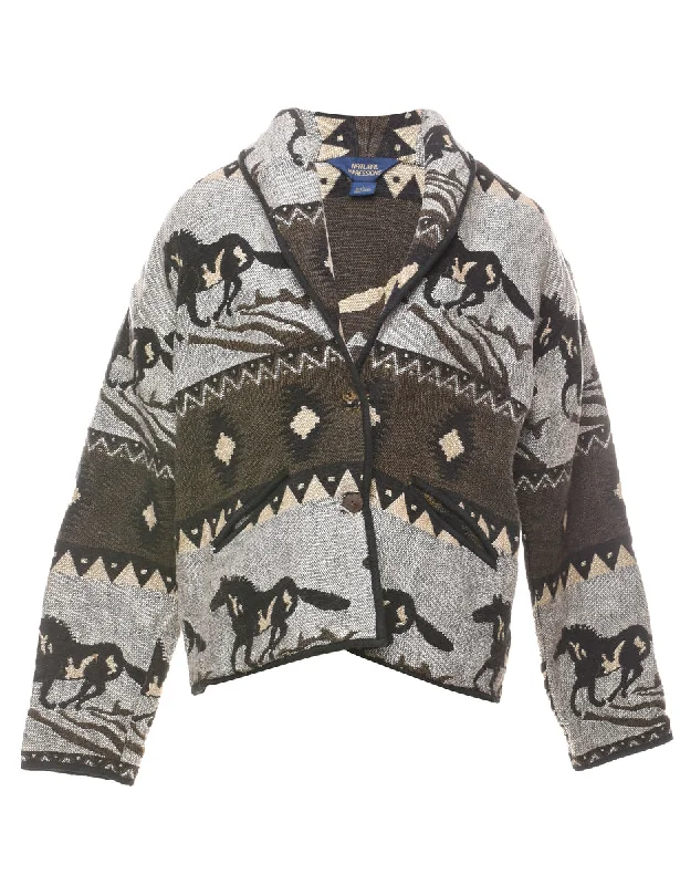 Western Horse Design Tapestry Jacket - L Boat Neck Shawl Collar Notched Collar