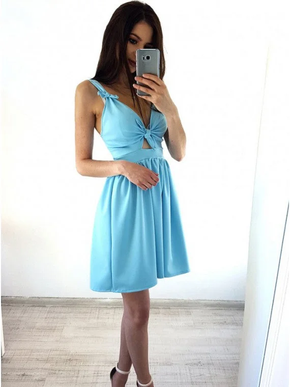 Cute A-Line V-Neck Ice Blue Short Homecoming Party Dress With Knot OM410 Tunics Versatile functional
