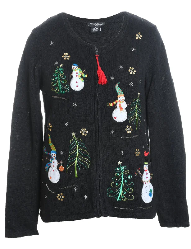 Snowman Design Black Embroidered Christmas Cardigan - M Oversized Loose Flowy