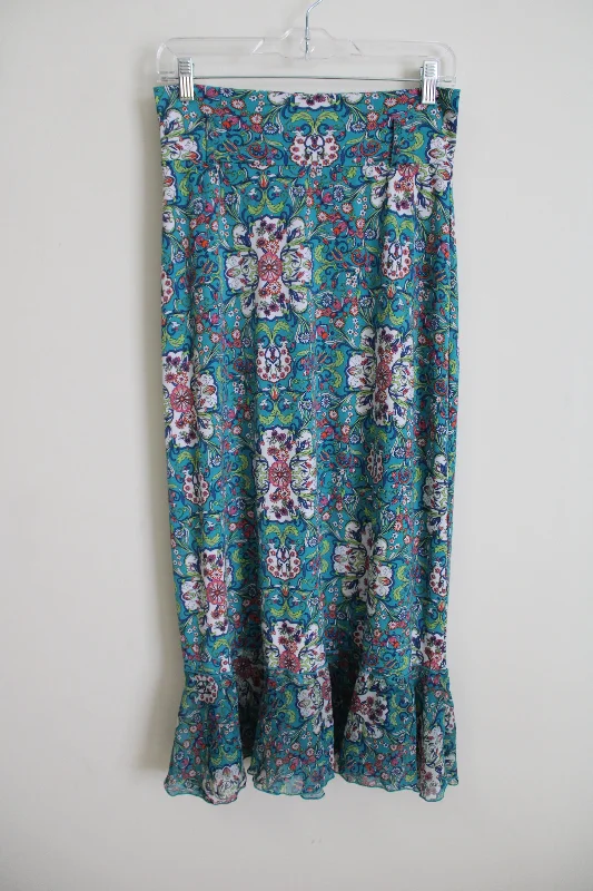 Bisou Bisou Blue Floral Ruffle Bottom Skirt | S Petite lace skirt feminine