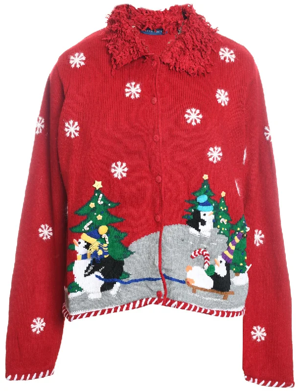Festive Print Christmas Cardigan - M Lace Blend Ribbed Blend Corduroy Blend