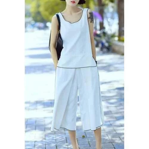 Loose Tank Top and Capri Wide Leg Pants Suits - White M sheer tank top