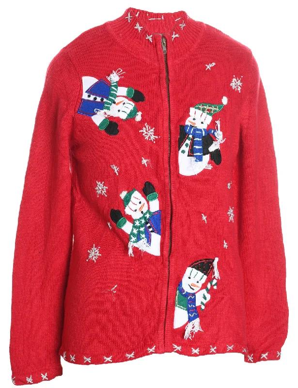 Snowman Christmas Cardigan - M Solid Print Embellished