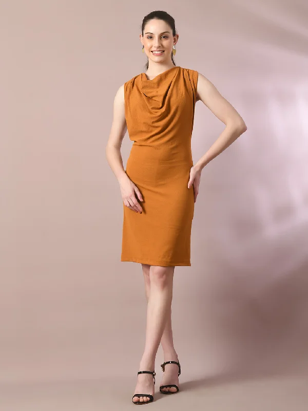 Women's  Mustard Solid Cowl Neck Bodycon Party Dress  - Myshka Tunics Gym athletic