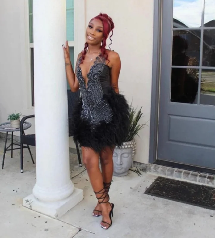 Sexy Short Prom Dresses For Black Girls Beaded Birthday Party Dress Crystal Feathers Mini Cocktail Homecoming Robe De Bal Tunics Spring floral