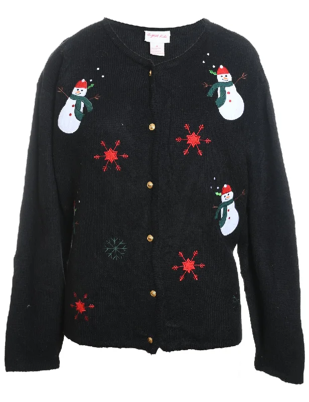 Snowman Design Black Christmas Cardigan - M Boxy Cardigan Fitted Cardigan A-Line
