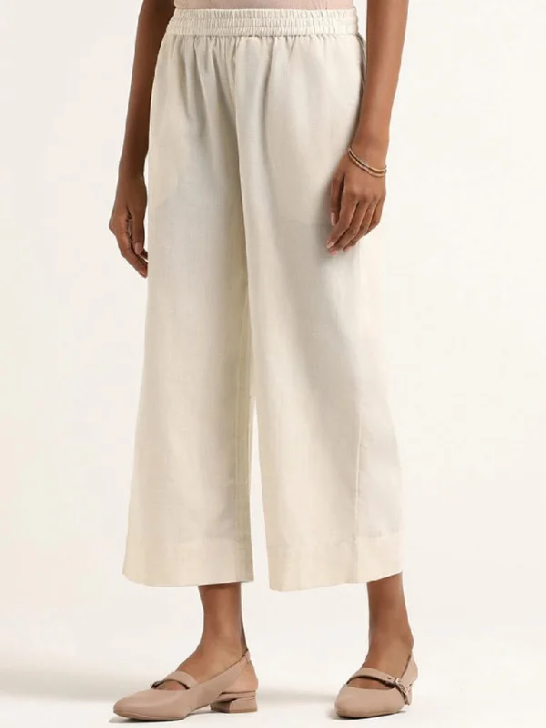 Utsa Off White Cotton Straight Leg Pants Formal Linen Trousers