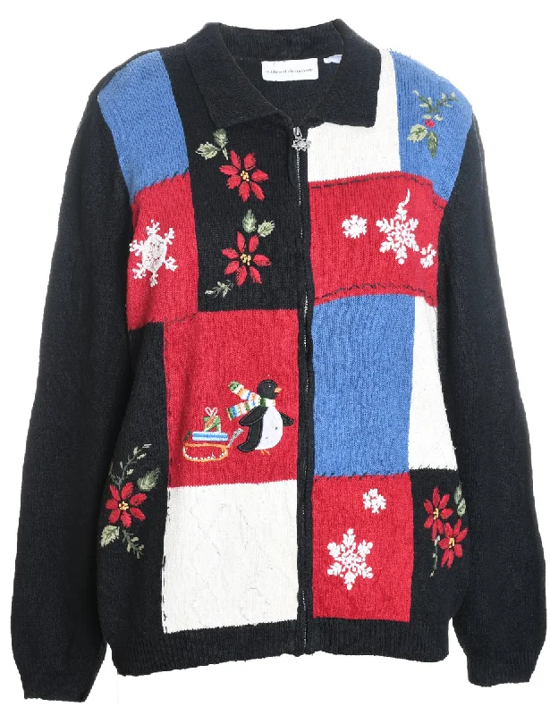 Floral Christmas Cardigan - M Ribbed Striped Patterned