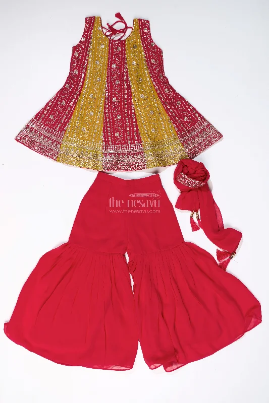 Girls Sharara Online with Embroidered Georgette Kurti and Flowy Palazzo Pants Fashionable Tapered Leg Pants