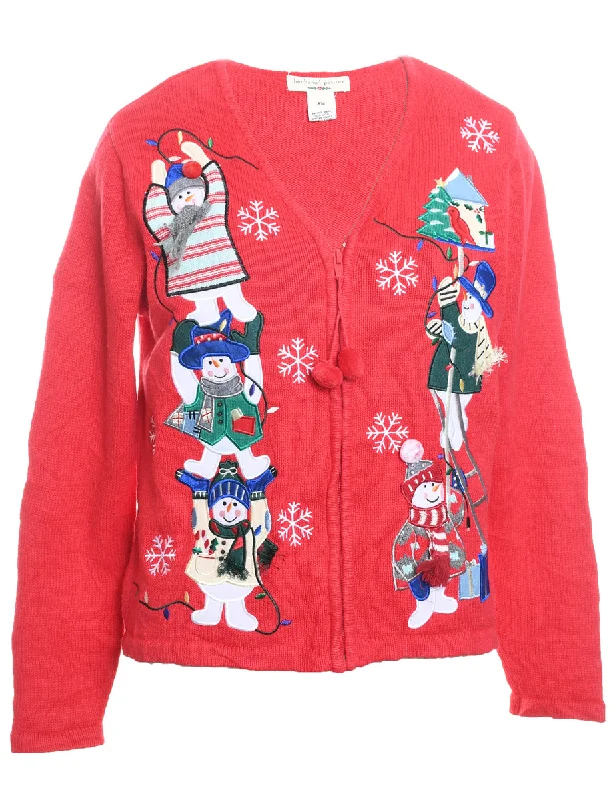 Red Knit Snowman Design Christmas Cardigan - M Boat Neck Shawl Collar Notched Collar