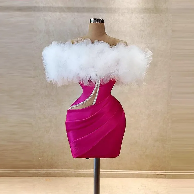 Fuchsia Short Cocktail Dresses Strapless Sexy Mermaid Girls Dance Party Dress Off The Shoulder Ruffles Top Formal Birthday Gowns Tunics Leisure comfortable
