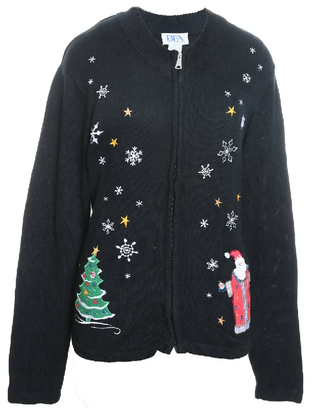 Santa Claus Christmas Cardigan - L Collared Crew Neck Turtle Neck