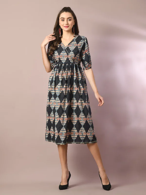 Women's  Multi Printed Cotton V-Neck Empire Party Dress  - Myshka Tunics Wedding white