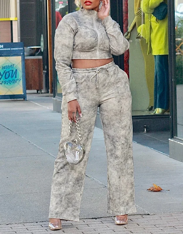 HGC10510P - TIE DYE LS CROP JACKET&PANTS SET Front Pockets Side Pockets Patch Pockets